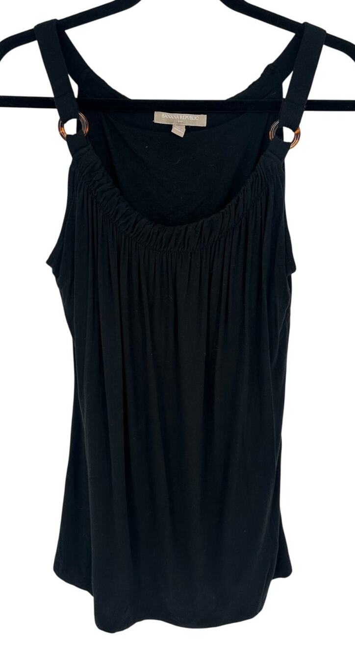 Banana Republic Tank Top S Black V Neck Ruched Brown Ring Accents Sleeveless